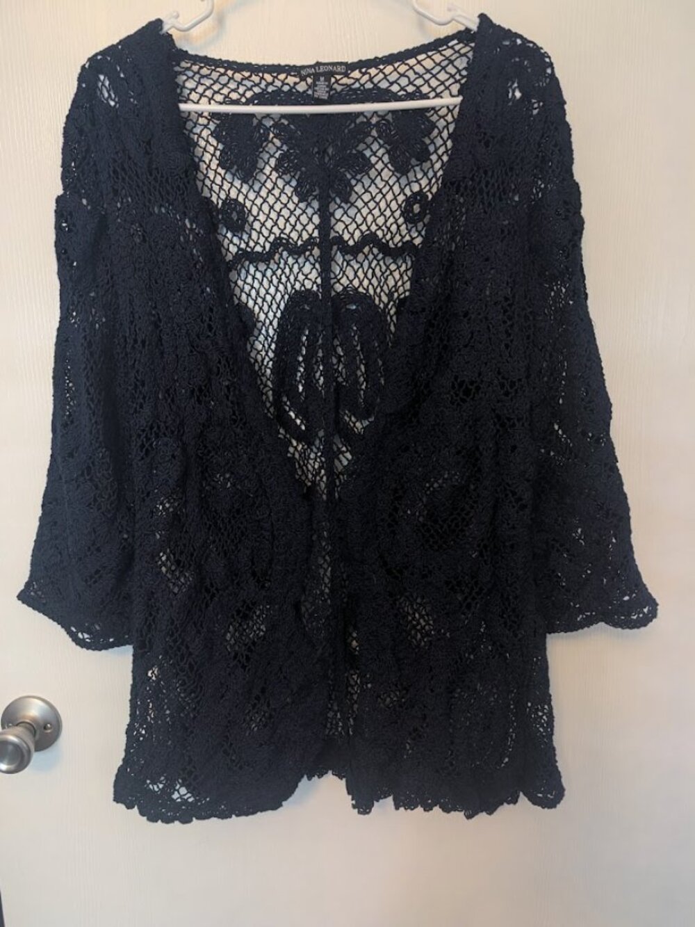Nina Leonard dark navy crochet open cardigan Size M